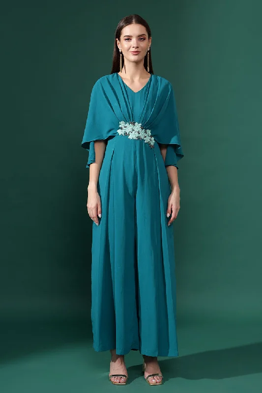 Sea Blue Floral Embellished Pleated Jumpsuit