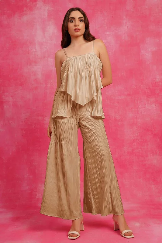 Beige Off-shoulder Pleated Jumpsuit