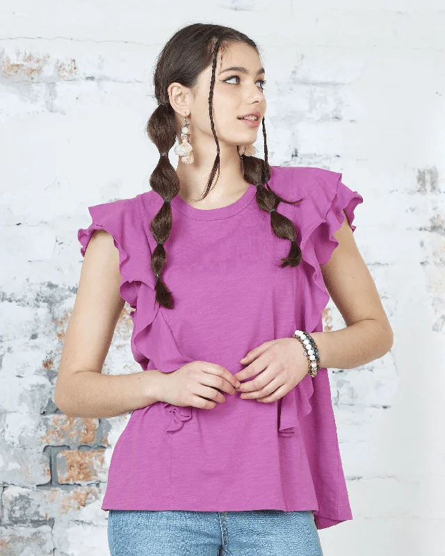 Cotton Slub Double Ruffle Sleeve Tee - Plum