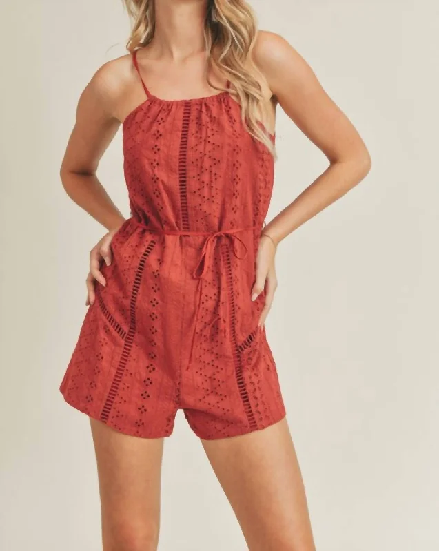 Eyelet Trim Romper In Red