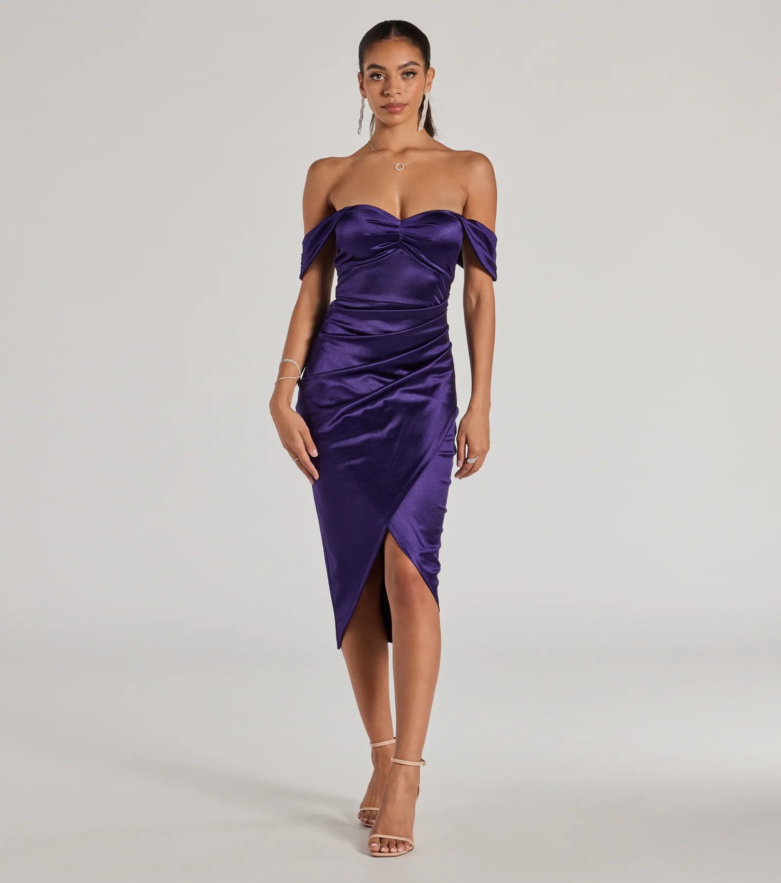 Gaia Satin Off The Shoulder Wrap Midi Dress