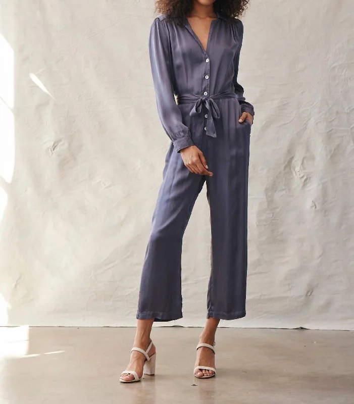 Gathered Button Front Jumpsuit In Smoke Shadow