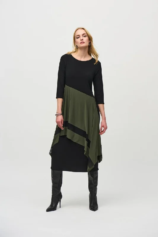 Joseph Ribkoff Black/Iguana Silky Knit Colour Block Handkerchief Dress