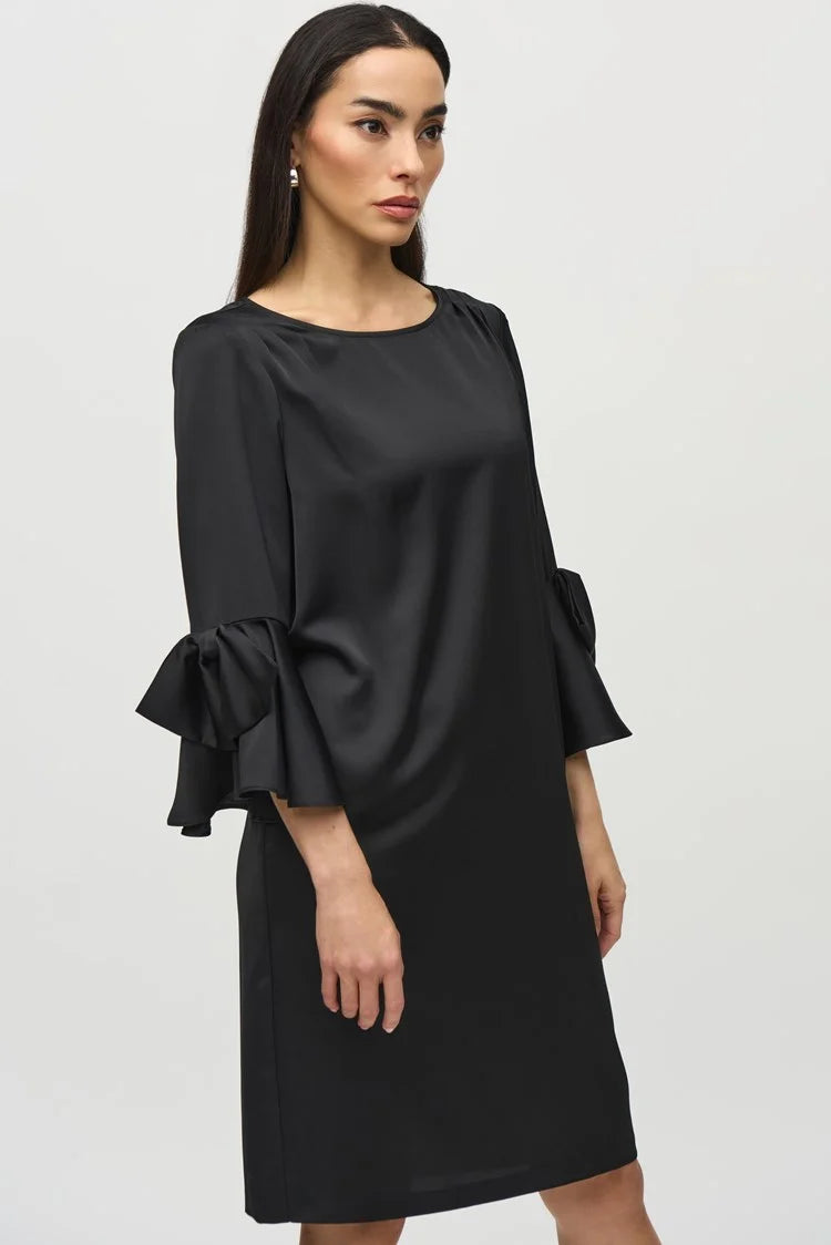 Joseph Ribkoff Black Satin Ruffle Sleeve Straight Dress