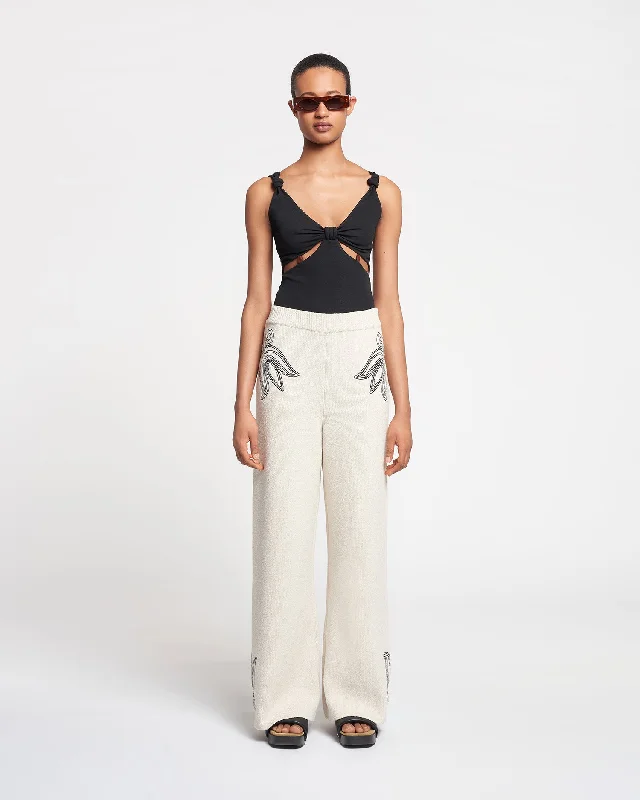 Emmie - Embroidered Textured-Linen Pants - Natural/Black