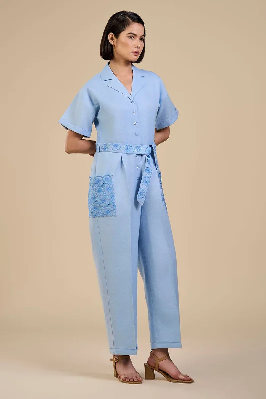 Ice Blue Embroidered Pocket Jumpsuit