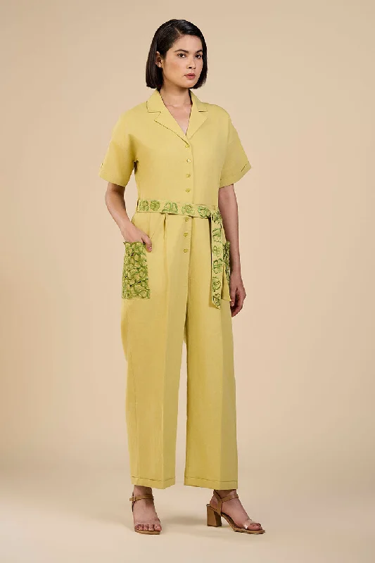 Lime Green Embroidered Pocket Jumpsuit