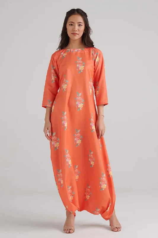 Bright Orange Floral Print Dhoti Jumpsuit