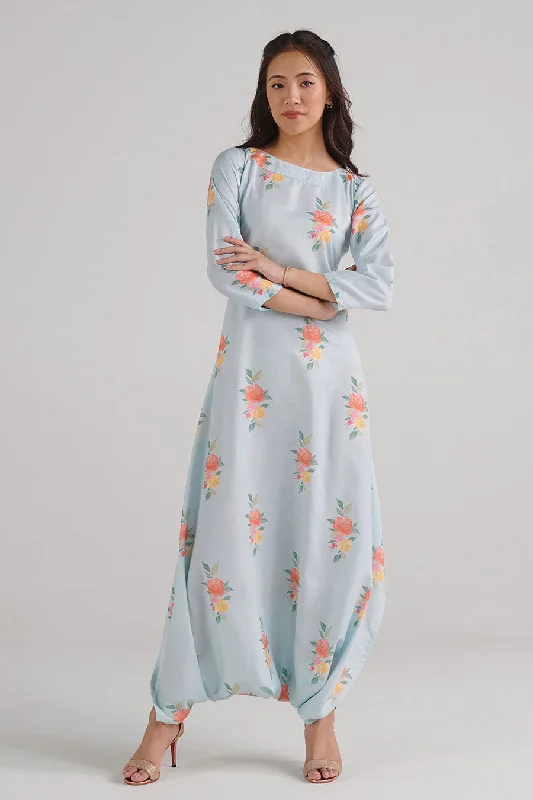 Baby Blue Floral Print Dhoti Jumpsuit