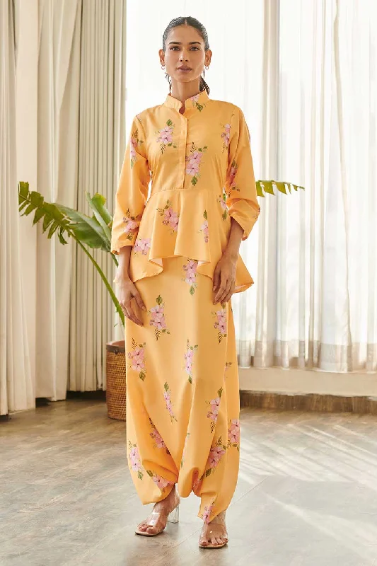 Yellow Floral Print Peplum Dhoti Jumpsuit