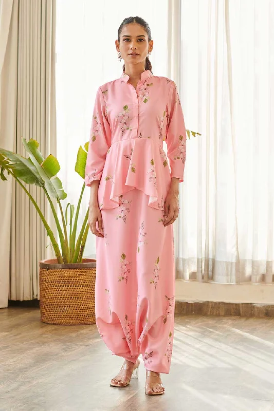 Pink Floral Print Peplum Dhoti Jumpsuit