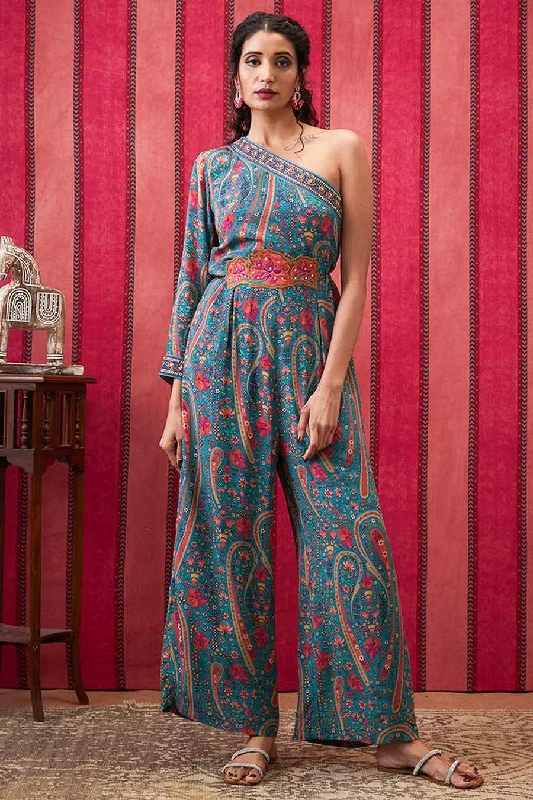 Teal Blue Qala Printed One-Shoulder Jumpsuit