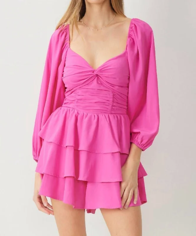 Twist Front Long Sleeve Tiered Romper In Pink