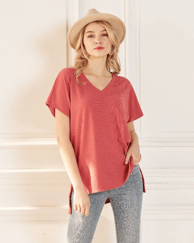 V-Neck Short Sleeve Ribbed Knit Top - Marsala