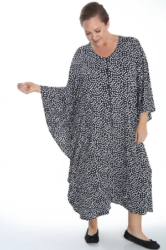 Vikki Vi Jersey Black and Ivory Random Dots Zip Front Caftan