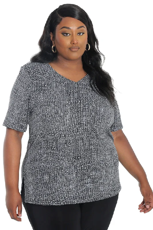 Vikki Vi Jersey Salt & Pepper V-Neck Short Sleeve Tunic