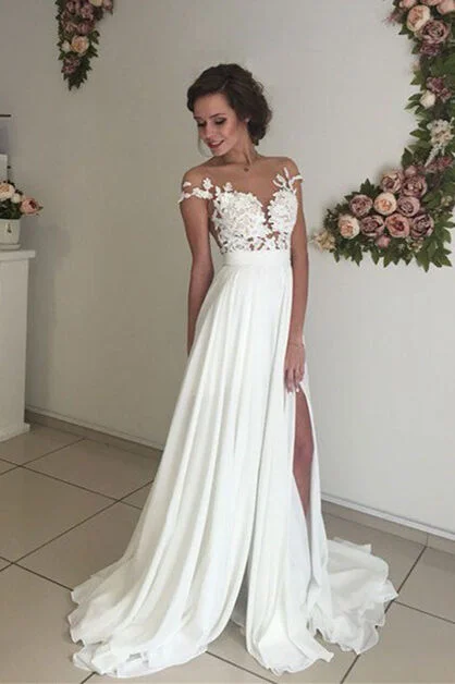 A-line Illusion Neck Long White Wedding Dress with Appliques