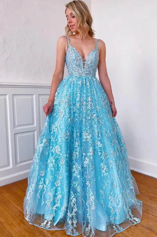 A-line V-Neck Lace Appliques Blue Long Prom Dress