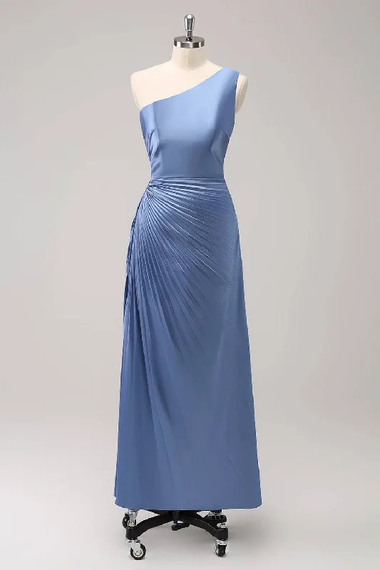 Blue One Shoulder Keyhole Ruched Satin Maxi Dress