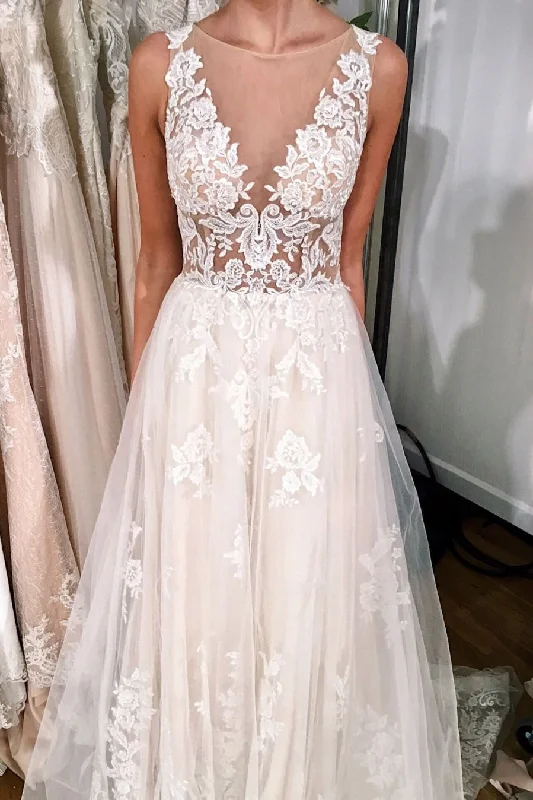 Long Illusion Neck A-line Ivory Wedding Dress with Lace