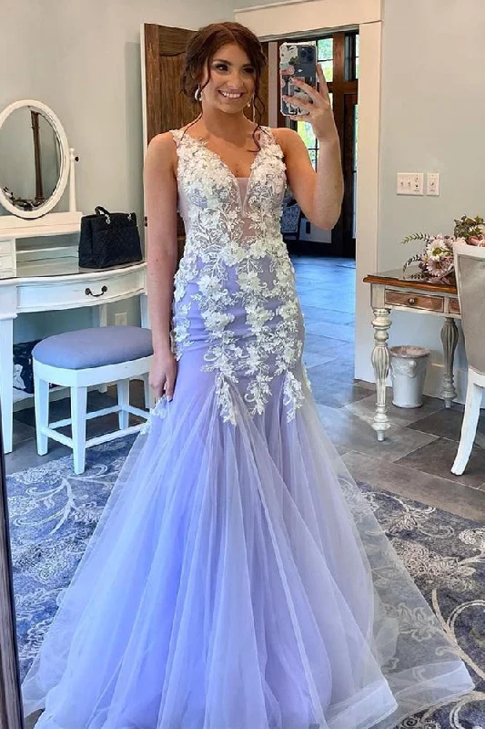 Elegant Lavender Appliqued Mermaid Long Prom Dress