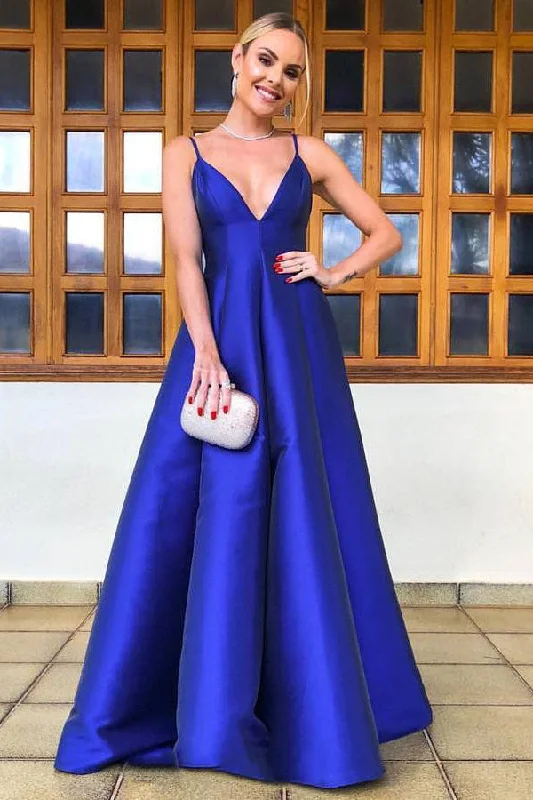 Elegant Spaghetti Straps Royal Blue Satin Prom Dress