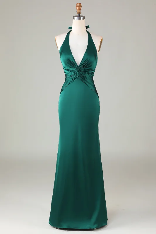 Halter Emerald Green Ruched Mermaid Bridesmaid Dress