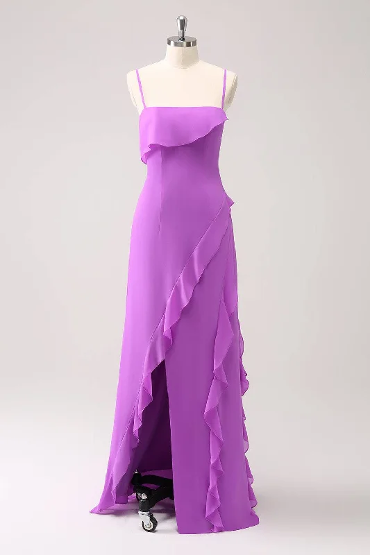 Lilac Strap Ruffle Slit Maxi Dress