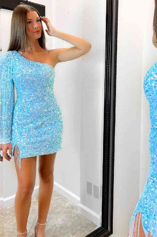 Long Sleeve Fringe Light Blue Mini Homecoming Dress