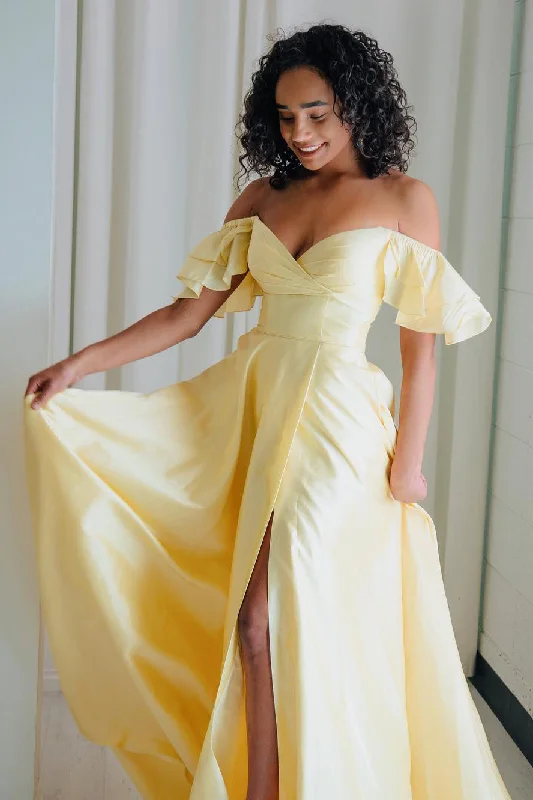 Off Shoulder Ruffles Long Yellow Prom Dress with Slit