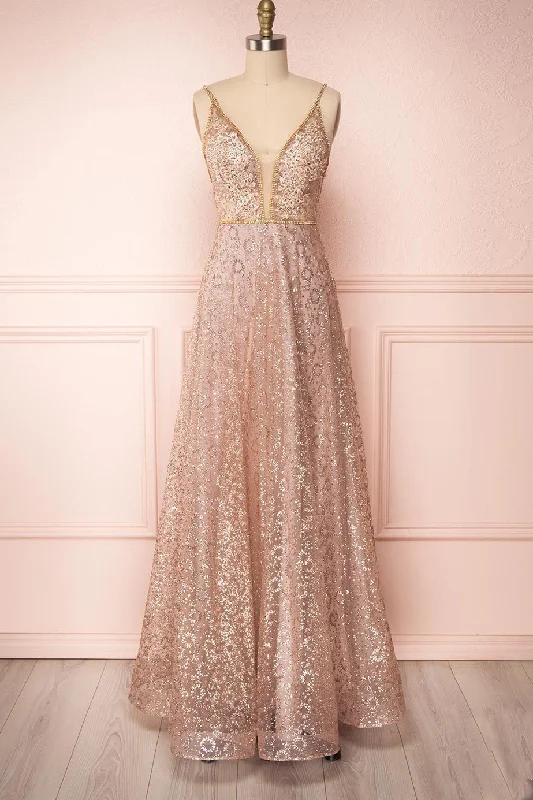 Sparkly Illusion V Neck Rose Gold Long Prom Dress