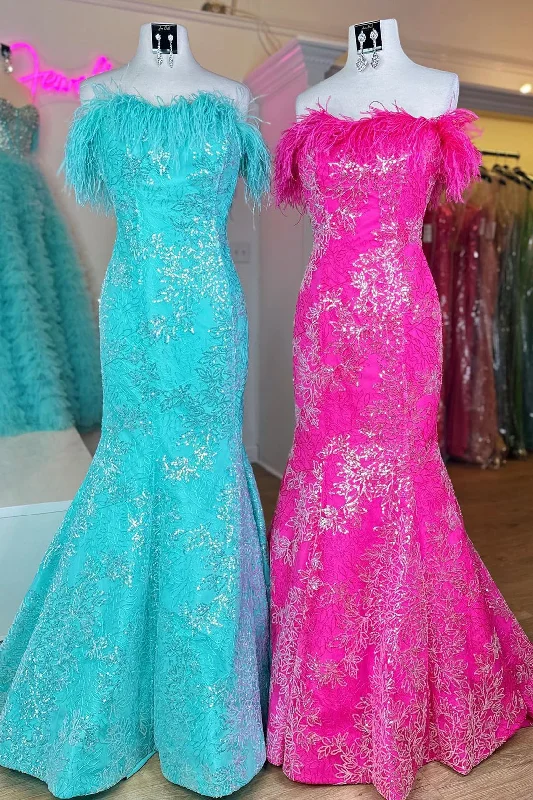 Strapless Sequins-Embroidered Mermaid Prom Dress with Feathers