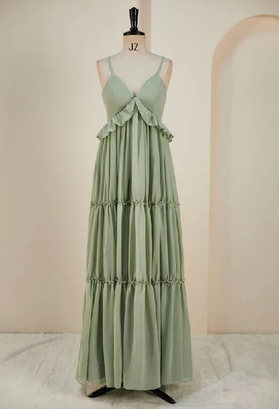 Straps Sage Green Pleated Long Bridesmaid Dress