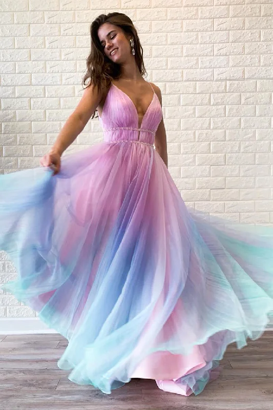 V-Back Beading Multi-Colored Long Prom Dress