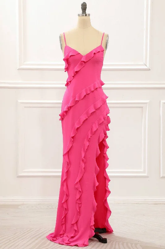 V-Neck Straps Hot Pink Ruffle Maxi Dress with Slit