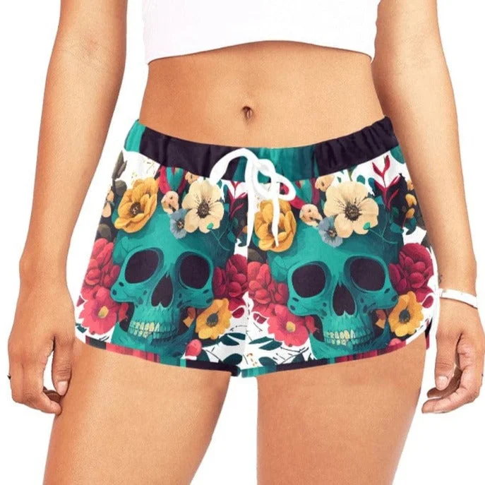 Women's Blue Skulls Floral Casual Shorts