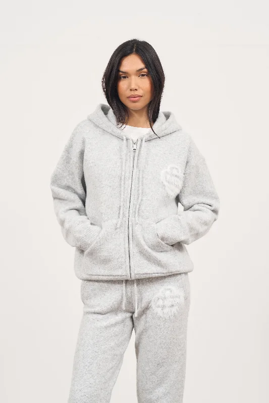 FLUFFY EMBLEM ZIP THROUGH KNITTED HOODIE - GREYMARL