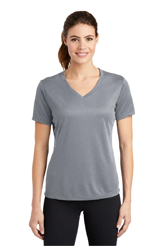 Sport-Tek Womens RacerMesh Moisture Wicking Short Sleeve V-Neck T-Shirt - Silver Grey